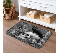 Gothic Skull and Rose Quick Dry Bath Mat, Black White Absorbent Non Slip Shower Mat, Halloween Memory Foam Washable Bath Rugs Decorative 16x24 Inch