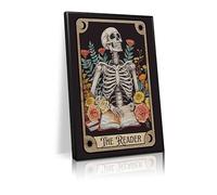 Gothic skull art print, reader tarot canvas wall mural, skull reader tarot wall decor, gift for book lovers, dark college reading nook wall mural, library home decor(L18 xW12-Metal-Framed)