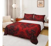 Gothic Skull Bed Sheet Set for Boys Girls,Red Damask Lace Floral Print Bed Sheet Set Full Size Bedding Set,Vintage Antique Victorian Baroque Boho Fitted Sheet and 1 Flat,2 Pillow Sham
