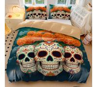 Gothic Skull & Blood Rose Duvet Cover Set, 3pcs Bedding for Bedroom, Mexican Day of the Dead Style (02,King 240x220cm+65x65cm*2)
