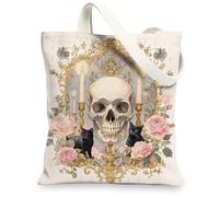 Gothic Skull Canvas Tote Bags, Vintage Floral Cat Pattern Lightweight Washable Shoulder Bags for Shopping Travel Beach, Cream, 13x15 Inch