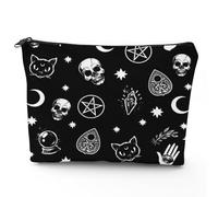 Gothic Skull Cat Moon Makeup Bag, Halloween Spooky Gifts for Women & Girl, Goth Skeleton Large Capacity Portable Toiletries, Durable Zipper Black Cosmetic Pouch with Lined