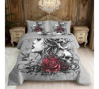 Gothic Skull Coverless Duvet Super King Size, Love Never Dies Reversible Comforter Set 3 Pcs, 2 Pillowcases, Bedroom Decor, 10.5 Tog Soft Lightweight Warm All Seasons BZ-L1094