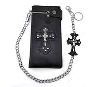 Gothic Skull Cross Biker Punk Card Holder Mens Leather Wallet With Pants Chain, black, Long style with skull chain, Card Case Wallet