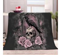 Gothic Skull Crow Rose Fleece Throw Blankets Ideal for Adults & Kids Room Décor Gift Pink Grey Blanket for Couch Sofa or Bed, Soft Fuzzy Plush Flannel Lap Blanket 130x150 cm