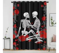 Gothic Skull Curtains, Skeleton Bone Print Blackout Curtains 72 Inch Drop, Red Rose Floral Eyelet Thermal Insulated Window Curtains & Drapes for Bedroom, Living Room, 52x72 Inch 2 Panels xF8y251