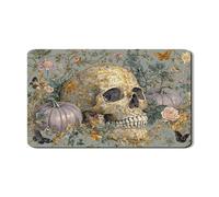 Gothic Skull Dish Drying Mats For Kitchen Counter, Elegant Gold Floral Absorbent Rubber Dish Drainer Rack Mat, Autumn PU Leather Drying Pad For Kitchen Counter Decor 12x20 Inch