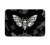 Gothic Skull Door Mat Death Moth and Flowers Bath Mats for Bathroom Butterfly Area Rug Washable Rug Weed Leaf Floral Black White Plush Microfiber Shaggy Water Absorbent Bathroom Mats24x16 Inch