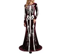 Gothic Skull Dress Halloween Costume For Women For Day Of The Dead | Black Halloween Skeleton Velvet Dress For Ladies, Womens Goth Print Cosplay Costumes For Party Carnival Club Bar Stage