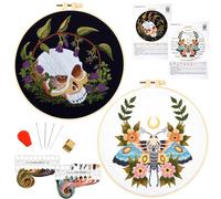 Gothic Skull Embroidery Starter Kits for Beginners Adults, Halloween Stamped Cross Stitch Kit for Beginners Adults, Flowers Hand Embroidery Needlepoint Kit, 2 Embroidery Hoop (Attached Video Tutorial)