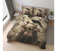 Gothic Skull Emperor Duvet Cover Set, Thorns Rose Skeleton Raven Bedding Set 290x235cm, Microfiber Soft Reversible Quilt Cover + 2 Pillowcase, Zipper Closure, Bedroom Decor PZ&S-23