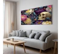 Gothic Skull Floral Framed Canvas Painting Wall Art 120L x 60W cm, Multicolour High Definition Gallery Wrapped Pictures for Living Room Dining Room Bedroom, Modern Home Wall Decor