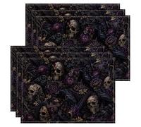 Gothic Skull Floral Placemats, Dark Violet Decorative Place Mats for Dining Table, Halloween Non-Slip Washable Indoor Outdoor Kitchen Party Decorative Placemat Set of 6