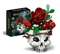 Gothic Skull Flower Micro Mini Building Kit, Red Rose Bouquet Decor Model | Plant Skeleton Bricks Potted Flower Ornament, DIY Assembly Desktop Display Set, Collectible Art Decor Gift For Teens Adults