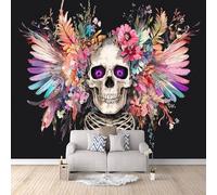Gothic Skull Photo Wallpaper Colorful Feather Flowers Wall Mural Art Wallpaper, Non-Woven Wall Paper, Decoration Poster Picture Mural 200 × 140 cm / 78.7" × 55.1" for livingroom Bedroom