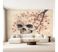 Gothic Skull Photo Wallpaper for Bedroom, Cherry Blossom Wall Mural for Living Room, Beige Wallpaper 280x200 Nonwoven Wall Paper Home Decor W24