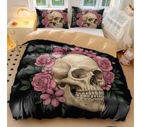 Gothic Skull Printed Duvet Cover, Black Background, Rose Butterfly Tattoo Bedding Set, Ultra Soft 3-Piece for Adult Bedroom Decor (03,Single135x200cm+65x65cm*2)