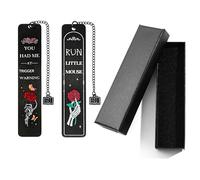 Gothic Skull Rose Metal Bookmarks - Dark Romance Book Markers with Book Pendant Chains, Run Little Mouse & Trigger Warning Bookmarks for Book Lovers, Ideal Dark Academia Gifts (2pcs Style A)