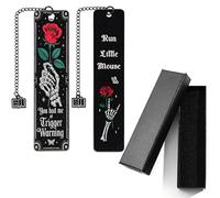 Gothic Skull Rose Metal Bookmarks - Dark Romance Book Markers with Book Pendant Chains, Run Little Mouse & Trigger Warning Bookmarks for Book Lovers, Ideal Dark Academia Gifts (2pcs Style C)