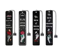 Gothic Skull Rose Metal Bookmarks - Dark Romance Book Markers with Book Pendant Chains, Run Little Mouse & Trigger Warning Bookmarks for Book Lovers, Ideal Dark Academia Gifts (4pcs)