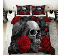 Gothic Skull Rose Raven Duvet Cover Single, Dark Floral Crow Bedding Bed Set, Halloween Horror Theme Quilt Covers 135X200cm Microfiber with Zipper, 2 Pillowcases
