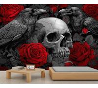 Gothic Skull Rose Raven Murals, Dark Floral Crow Wallpaper, Halloween Horror Theme Wallpaper for Kids Room for Bedroom Poster Mural Living Room Dining Room Decor 232 X 158 cm