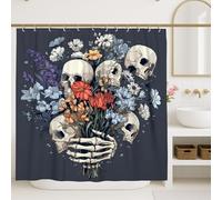 Gothic Skull Shower Curtain, Dark Gray Floral Bouquet Bathroom Decor, Autumn Halloween Modern Art Waterproof Fabric Shower Curtain with Hooks 72x72 Inch