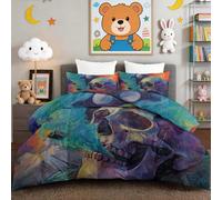 Gothic Skull Smoke Starry Sky Moon Reversible Coverless Duvet Set Single - Soft All Seasons Washed cotton Quilt with 2 Pillowcases, Machine Washable Comforter 135 x 200 cm, Multicolor