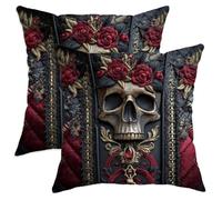 Gothic Skull Throw Pillow Covers Set of 2, Black and Red Floral Decorative Cushion Cases, Halloween Home Decor for Sofa Couch Bed 26x26 Inch