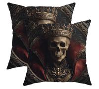 Gothic Skull Throw Pillow Covers Set of 2, Dark Red Crowned Skeleton Decorative Square Cushion Cases for Halloween Home Decor Sofa Couch 24x24 Inch