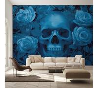 Gothic Skull Wallpaper, Blue Rose Wall Mural for Living Room, Bedroom, Non-Woven Wall Papaer Decoration, Photo Wallpaper & Home Decor, 500x350 cm (WxH) K-MZ&22