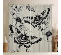 Gothic Skull Window Drapes Decorative Death Moth and Flowers Curtains For Kids Teens Bedroom Decor Breathable Pesonalized Skeleton Bones Curtain Black Cream Window Curtains(2 Panels, 42 x 84 Inch)