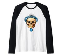 Gothic Skull with Blue Teardrop Gems and Pearls Crown Raglan Baseball Tee