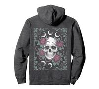 Gothic Skull with Moon Phases and Roses Design Pullover Hoodie, Adult Unisex, Dark Heather Grey, Small