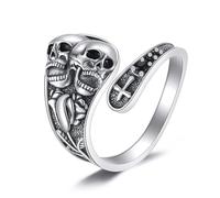 Gothic Skulls Ring for Women and Men Sterling Silver Edgy Punk Skeleton Band Adjustable Open Ring 7-9 Inches Dark Academia Jewelry Unique Gothic Gift for Halloween, Birthday, or Alternative Fashion