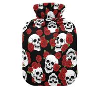 Gothic Skulls Roses Black Hot Water Bottle with Cover for Pain Relief Feet and Bed Warmer for Menstrual Cramps, 2L