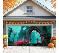 Gothic Spooky Garage Door Cover, Teal Halloween Pumpkin Large Garage Door Decorations, Fall Indoor and Outdoor Halloween Party Background Decor 157x71 Inch
