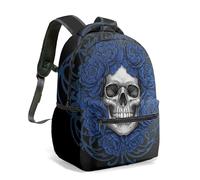 Gothic Stacked Skull Print Backpack 16 Inch Blue Glowing Eyes Red Rose Floral Printed Daypack Surreal Dark Artistic Bookbag (05)
