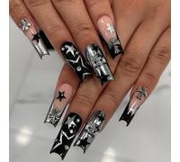 Gothic Star Metal Press On Nails - 24PCS Long Square Shape with Black Silver Gradient - 3D Stars Crosses and Rhinestones Nail Art for Women for Gothic Style Daily Wear or Special Events
