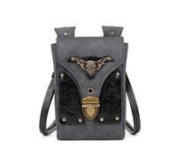 Gothic Steampunk Cross-Body Bag for Women - 3D Novelty Gear Clock & Skull Small Handbag, Vegan Leather Mobile Phone Pouch for Halloween Fancy Dress, Cosplay & Unique Gifts (Grey-Winged Bat Skull)