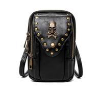 Gothic Steampunk Cross-Body Bag for Women - 3D Novelty Gear Clock & Skull Small Handbag, Vegan Leather Mobile Phone Pouch for Halloween Fancy Dress, Cosplay & Unique Gifts (Black-Gothic Skull Studded)