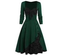 Gothic Steampunk Dress Women Plus Size Long Sleeve Vintage Rockabilly Tea Dress A Line Swing Midi Dress Evening Party Cocktail Dress 1950s Dresses for Women Green