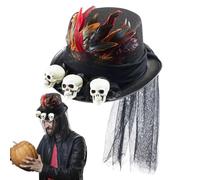 Gothic Steampunk Hat | Gothic Steampunk Hats,Halloween Costume Cosplay, Women Men Headpiece, Embellished With Skulls, Feathers, Black Mesh, Fits 56-58Cm