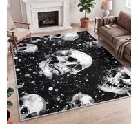 Gothic Street Rock Splatter Cosmic Space Floating Skull Black White Grey Carpet Rug, 60x90cm (2x3ft) Machine Washable, Non-Slip Polyester Accent Mat for Bedside, Hallway, Porch, Door Mat