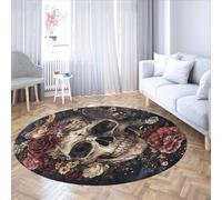 Gothic Style 140cm Round Rugs Halloween Mystic Skull Vintage Floral Pattern Washable Low Pile Carpet for Bedroom Living Room Home Decor