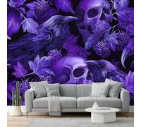Gothic Style Photo Wallpaper 350 X 256 Cm - Non-Woven Premium Art Print Fleece Wall Mural Decoration Poster Picture Design Modern - Purple Skull Raven Mulberry For Kids Bedroom Living Room