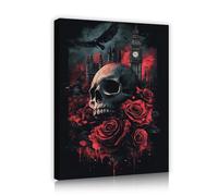 Gothic Style Print on Canvas Wall Art Dark Mystical Skull Roses Crow Big Ben Building in the City Poster Picture Painting for Cafe Decor 65x80cm Innerframe