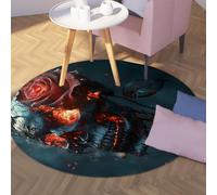 Gothic Style Round Rugs Fiery Skull and Rose Pattern Washable Low Pile Carpet for Living Room Bedroom Office Halloween Decor 150cm