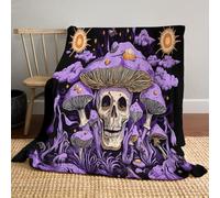 Gothic Style Throw Blankets Psychedelic Mushroom Skull Print Flannel Blanket Super Soft for All Seasons Blankets for Living Room Bedroom Bed Sofa Couch Decor, Purple, 130x150cm