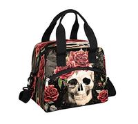 Gothic Sugar Skull Red Rose Lunch Bag Adjustable Shoulder Strap Cooler Bag Reusable Zipper Insulated Lunch Tote Bag for Work Picnic Camping School